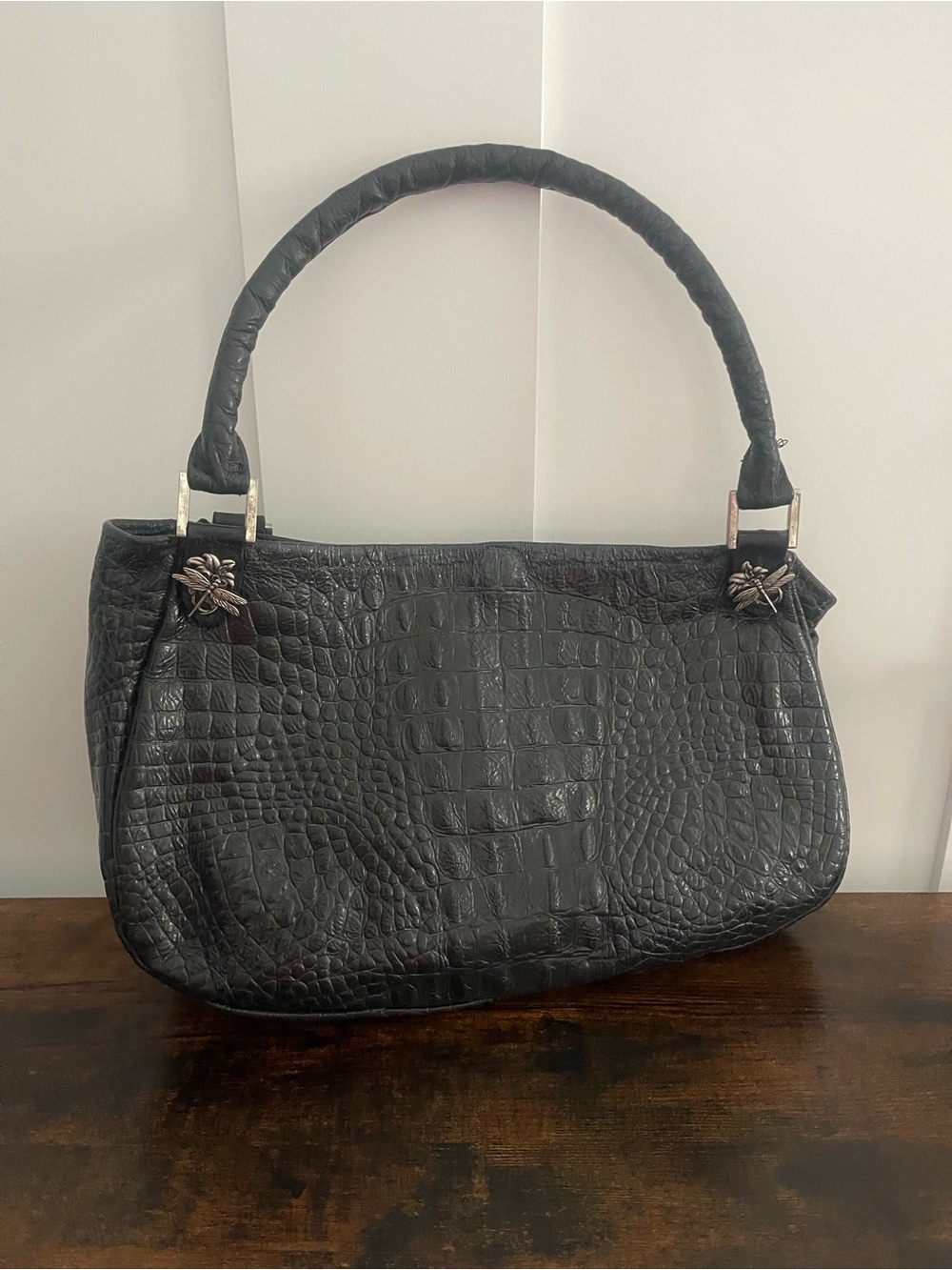Black Croc-Embossed Shoulder Bag